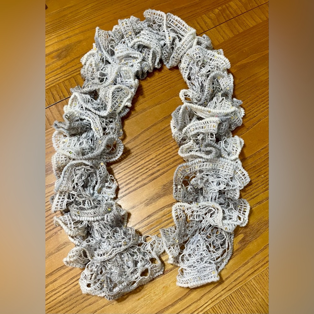 Handmade Crocheted Ruffle Scarf - Shades of Gray with Gold Highlights - 45” long